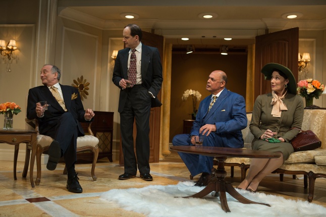 Senator Norval Hedges (Louis Parnell), Ed Devery (Anthony Fusco), Harry Brock (Michael Torres), and Mrs. Hedges (Terry Bamberger) discuss ways to enrich Harry’s business interests in the wake of World War II. Photo by Jessica Palopoli.