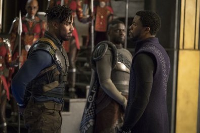 Killmonger (Michael B. Jordan), W'Kabi (Daniel Kaluuya), and T'Challa (Chadwick Boseman). (c) Marvel Studios