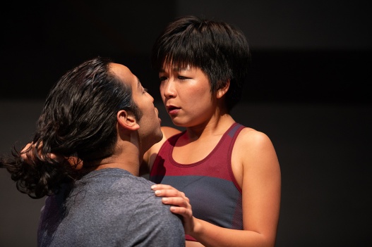 The callous Guy (Caleb Cabrera) enjoys taunting his fragile girlfriend Tori (Sango Tajima). Photo by Ben Krantz Studio.