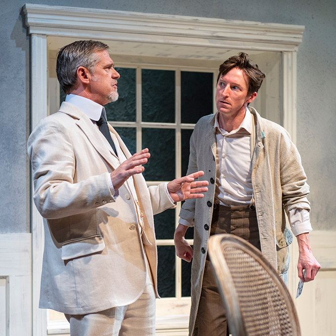 Gustav (Jonathan Rhys Williams) tells Adolph (Joseph Patrick O'Malley) some unflattering things about the latter's wife. Photo by David Allen for Aurora Theatre